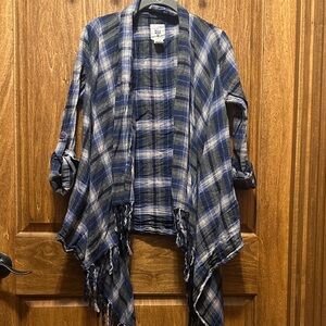 Billabong Navy and Gray Checkered Fringe Cardigan